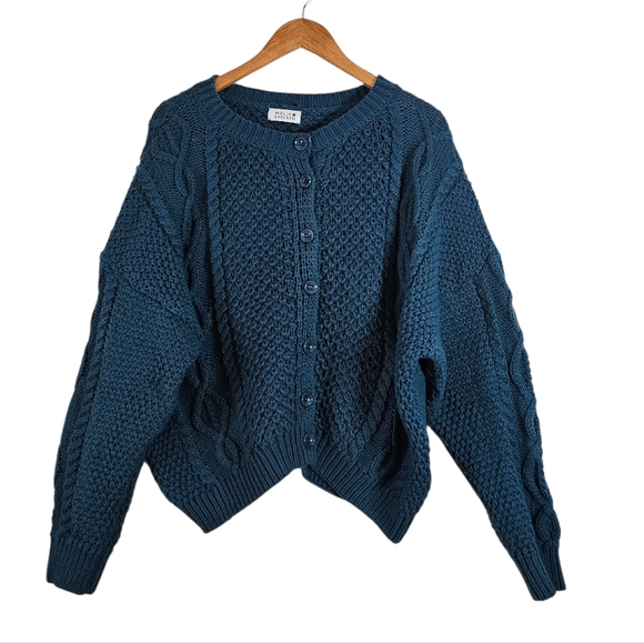 Molly Bracken Sweaters - Molly Bracken Chunky Cable Knit Cardigan Sweater Teal Blue Green, Size L